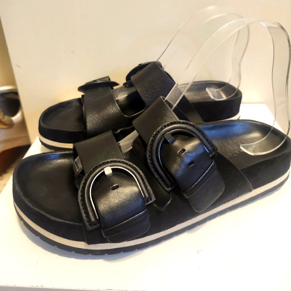 Vince. "Glyn" Black Leather/Suede Double Buckle Slide Sandals Sz.7 Ret. $250
